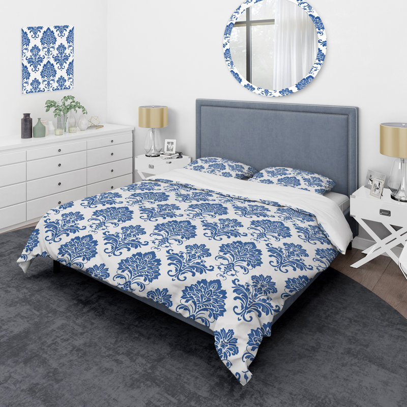 Ensemble de housse de couette transitionnel bleu et blanc intemporel damassé Glamour Art I