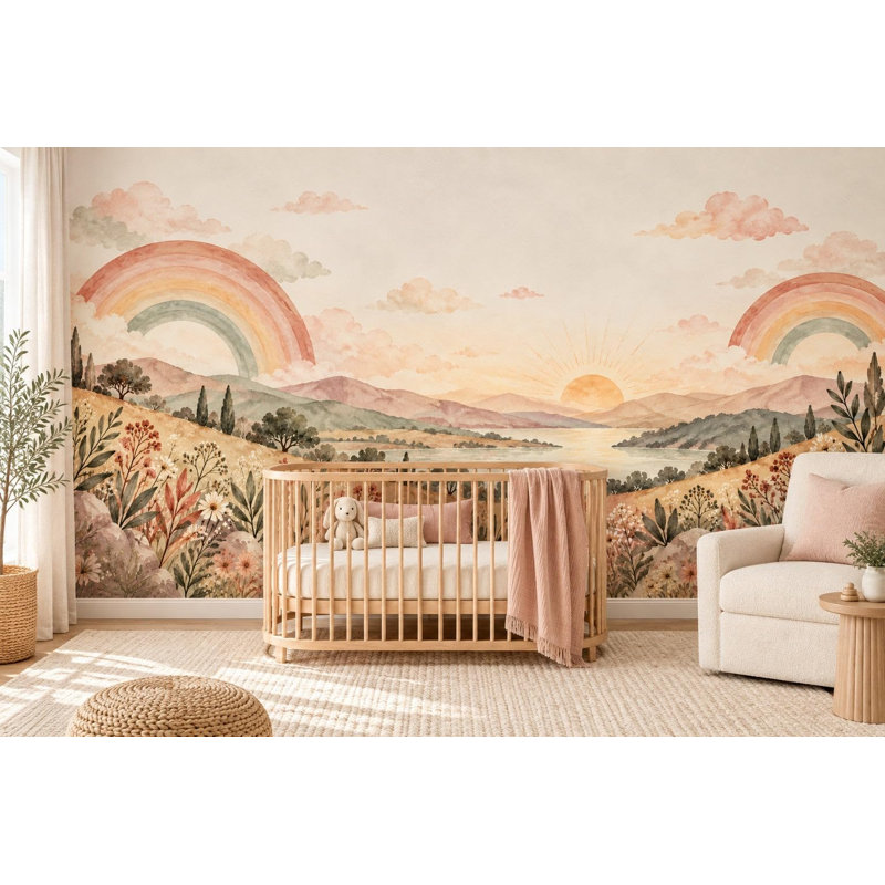 Twin Rainbow Valley Wallpaper Mural, Peel and Stick Kids Room Wall Mural, Watercolor Boho Rainbow Nursery Wallpaper