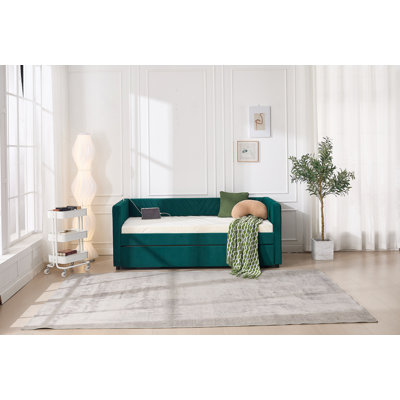 Lit de jour simple rembourré avec lit gigogne, port USB, poches latérales, dossier à profil en V moderne, aucun sommier nécessaire, pour chambre à coucher, chambre d'amis (émeraude, lit simple)