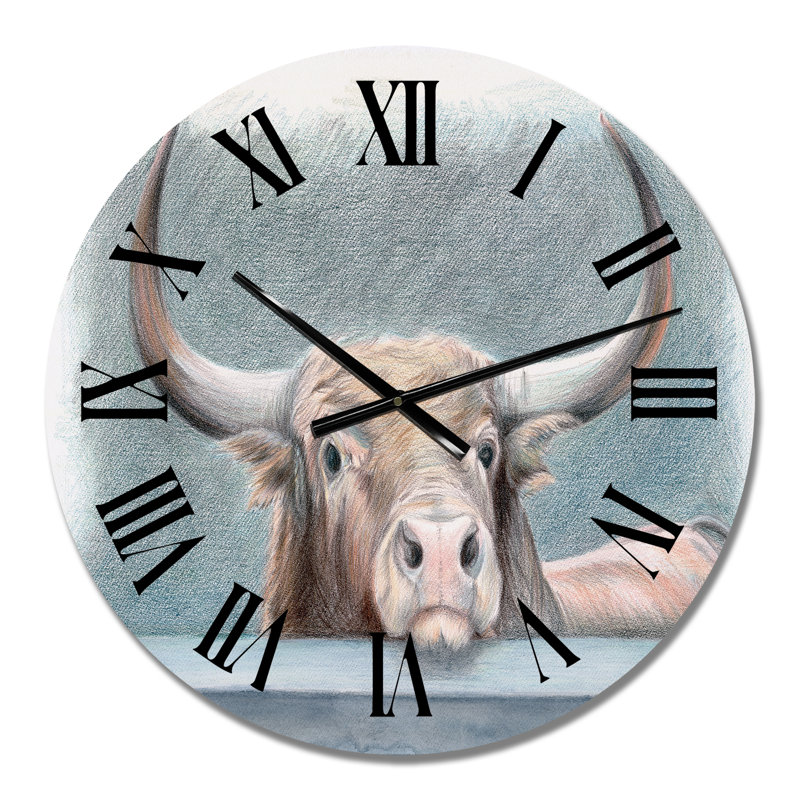 Big Bull avec des cornes derrière un muret - Horloge murale traditionnelle, Petit