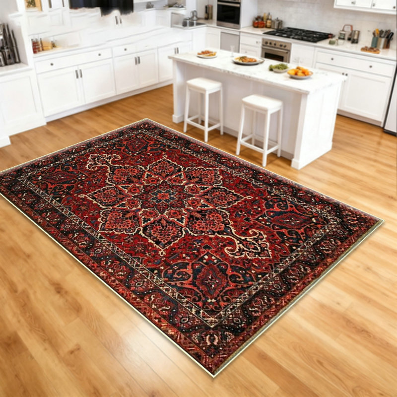 living room area carpet, large anti slip washable carpet, Bohemian retro medal printed pattern carpet suitable for bedrooms, dining rooms, family offices, daycare centers, dormitories, farmhouses, retro red
