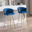 2 tabourets de bar bleus de 26 pouces avec repose-pieds et velours + pieds dorés, sièges sophistiqués de 2, bleu, élégance