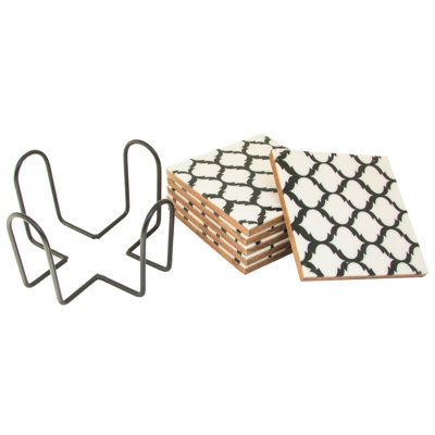 Wood 6 Piece Coaster Set With Holder
