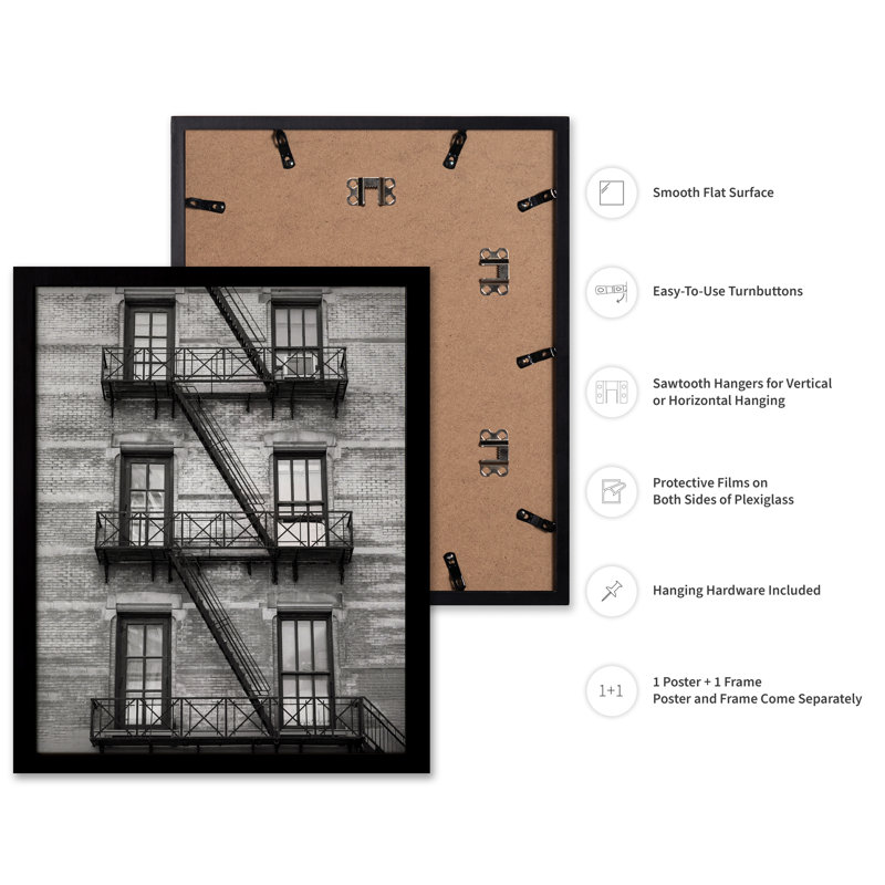 Escalier sur le bâtiment de Manhattan, Black Framed, Poster, 18"H x 24"W