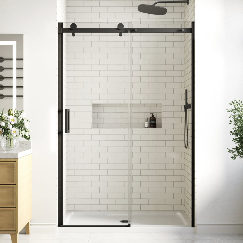 46" - 48" W x 74" H Single Sliding Frameless Shower Door in Matte Black Finish with 5/16" (8mm) Clear Glass