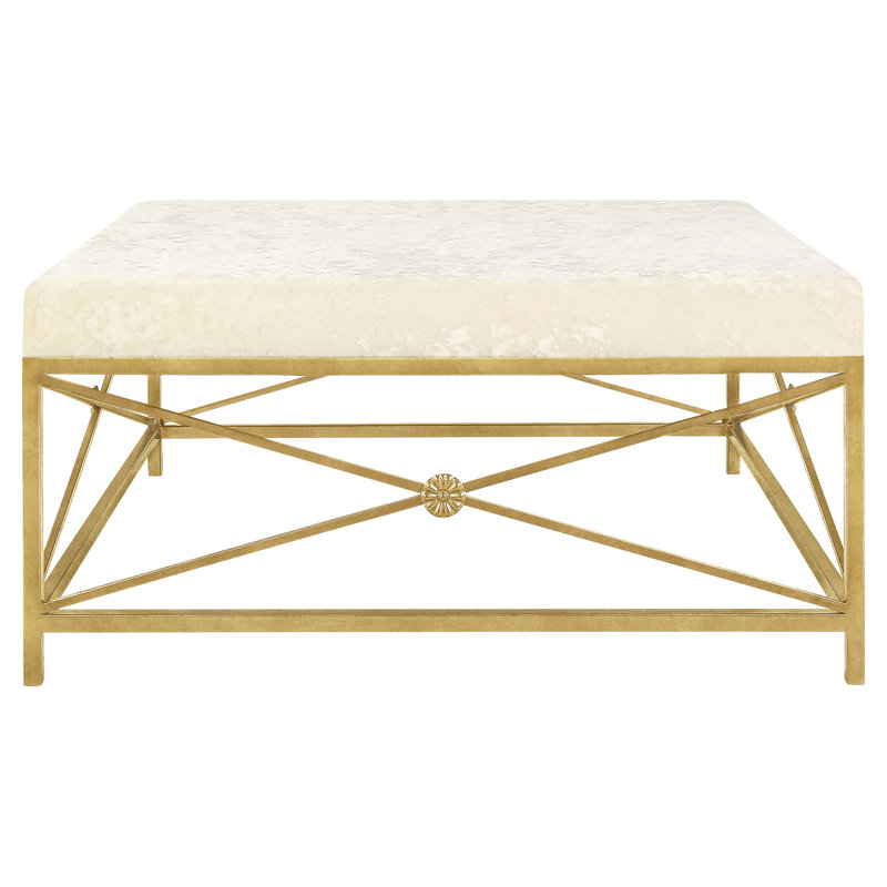 Medallion 45'' Wide Square Cocktail Ottoman, Ivory Linen, Gold Leaf