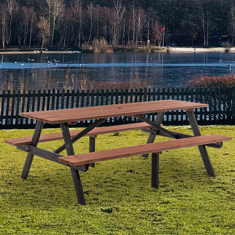 Ensemble de table de pique-nique en bois massif 75 po 75 po Capacité de 2200 lb Brun rustique pour l'extérieur avec trou pour parasol pour barbecue