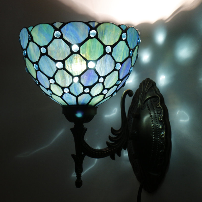 Lampe de chevet murale en verre coloré 8 x 10,5 x 11 pouces Tiffany pour couloir (style perle bleu mer), Perles bleues