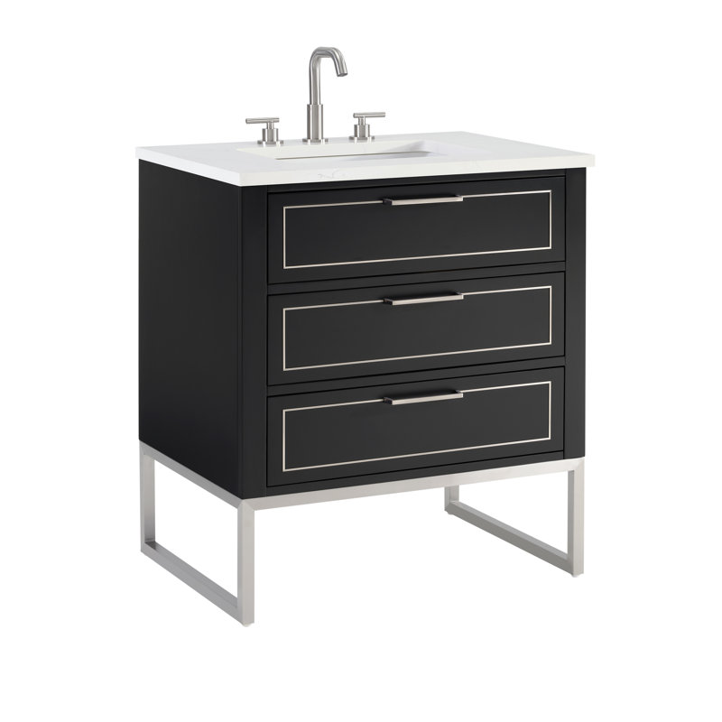 Markham 30'' W Single Vanity, Universal Calacatta Quartz, Brushed Nickel, Walnut