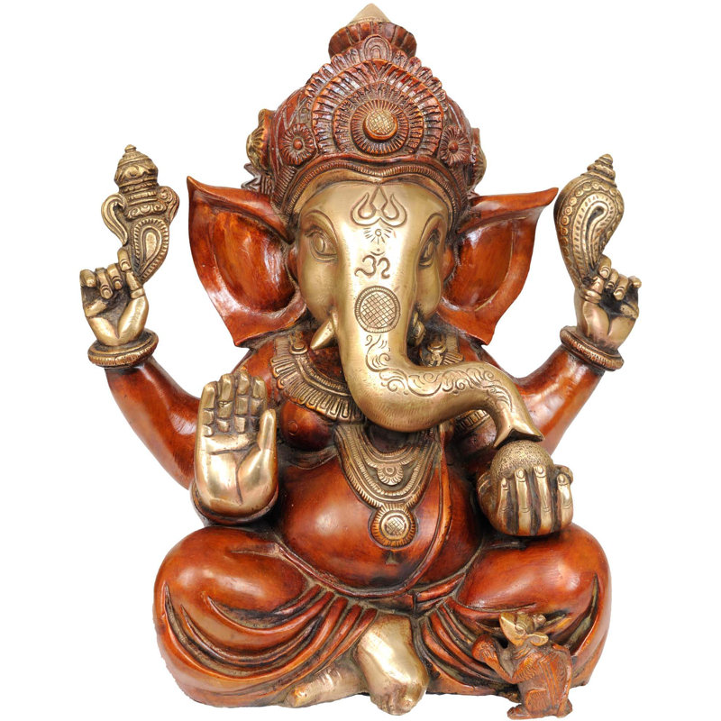 Statue de lord Ganesha en laiton fait à la main avec grandes oreilles - statue indienne de 12 pouces, pose Utkutakasana, finition or naturelle, décor symbolique pour autel, vestibule, méditation