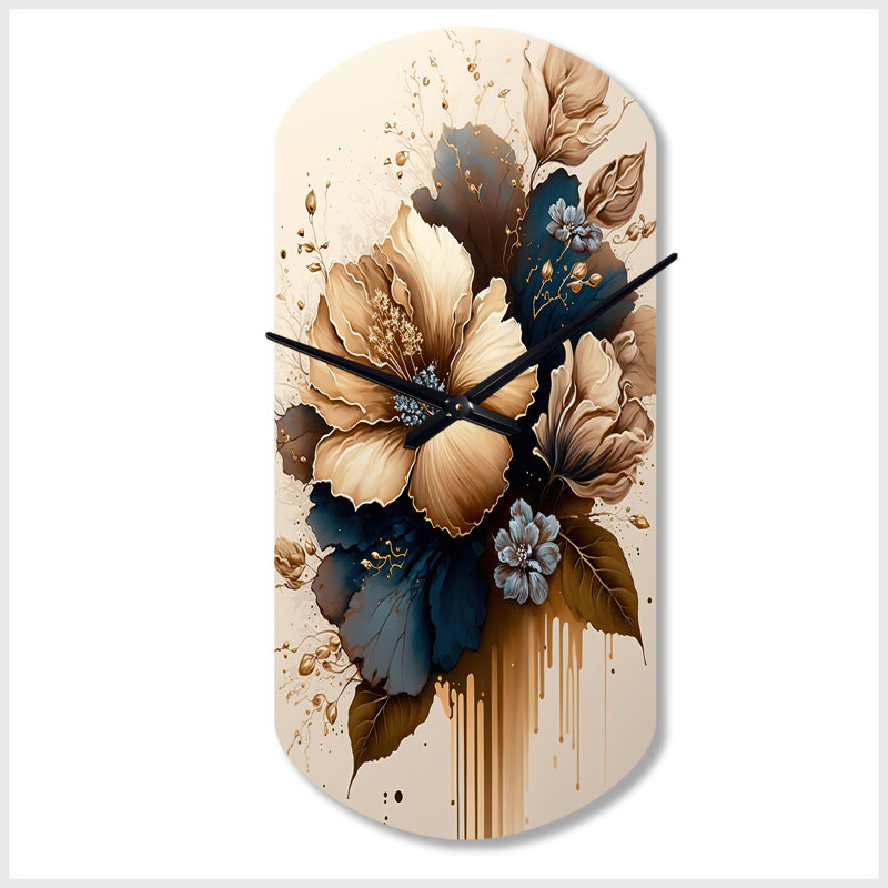 Hibiscus brun et bleu - Hibiscus III - horloge murale asymétrique, Petit