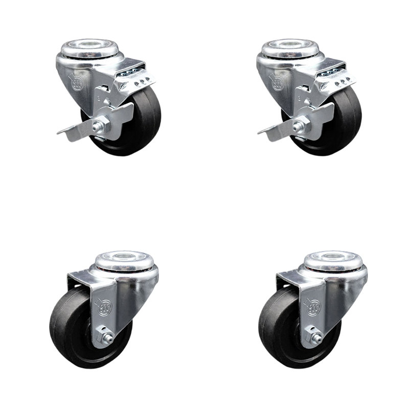 3.5 Inch Soft Rubber Wheel Swivel Bolt Hole Caster Set with 2 Brake SCC