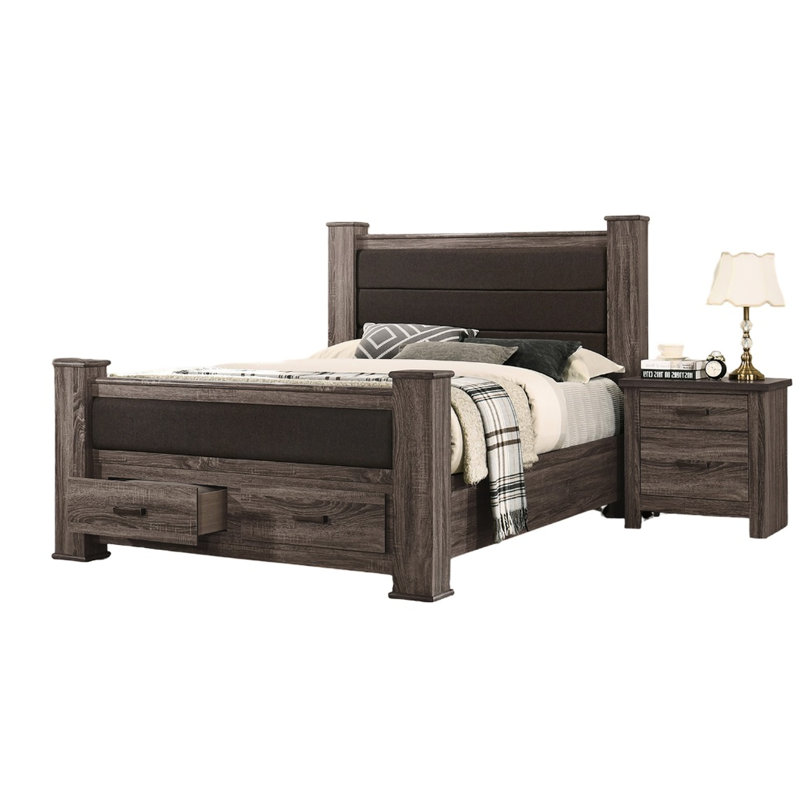 Grand lit moderne brun avec tête de lit tapissier et tiroirs, panneau de particules de contreplaqué pour la finition de la chambre à coucher