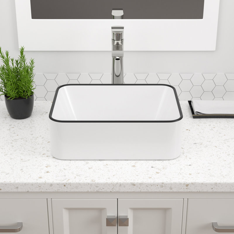 16"X12" White Ceramic Bathroom Vessel Sink Rectangle Bowl Vanity Sink, Matte Black