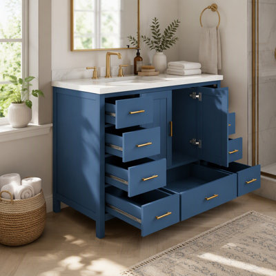 Meuble-lavabo de salle de bain de 107 cm (42 po) avec 2 portes doubles à fermeture douce et 9 tiroirs lisses, bleu