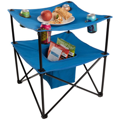 Folding Camping Table - Small Folding Table Portable Outdoor Lightweight Tabletop With 4 Cupholders, Food Basket, And Travel Bag For Camp, Beach, Or Tailgating Essentials By Wakeman Outdoors (Blue)