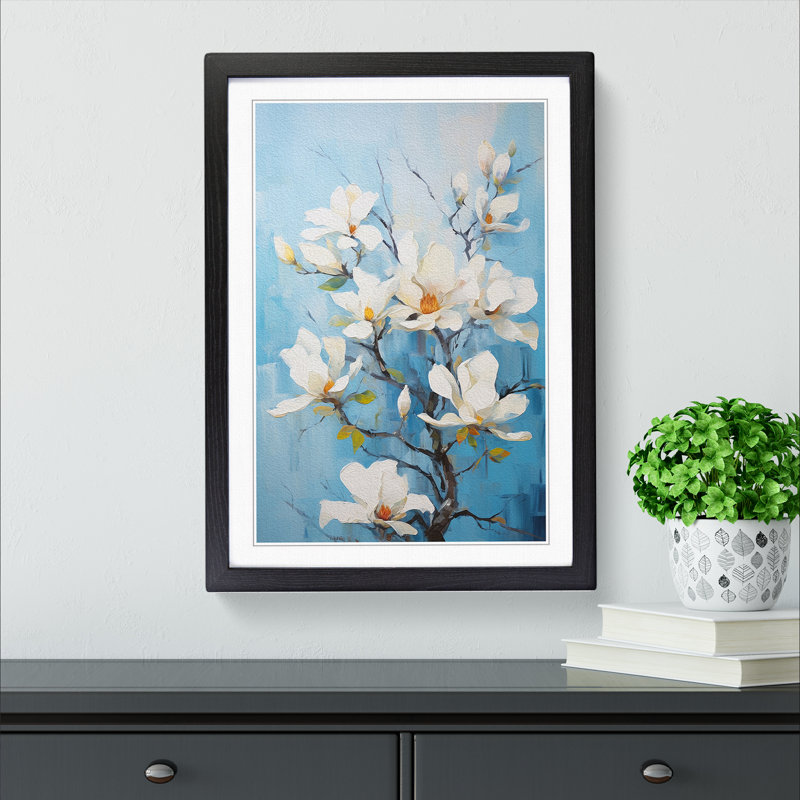 Magnolia Flower Action Painting - Single Picture Frame Print on Wood, Black Framed, 34cm H x 25cm W x 2cm D