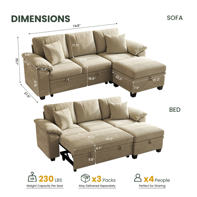 Canapé-lit modulaire convertible 86 po avec rangement dissimulé et accoudoirs rembourrés ergonomiques, Brown Chenille