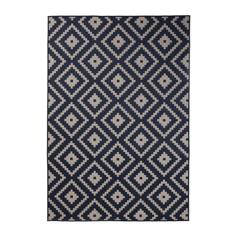 Tapis décoratif géométrique bleu minuit/beige intérieur/extérieur Waldorf, Rectangle 2 pi x 3 pi