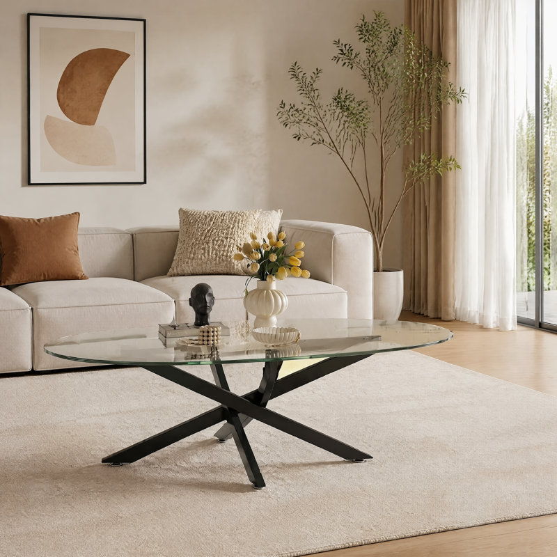 Table basse 39,37 "ovale en verre, table d'appoint moderne avec pieds noirs pour le salon, Noir