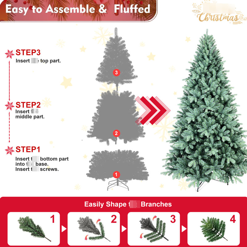 Arbre de Noël teinté bleu de 6 pi, 1390 pointes, aspect réaliste et réaliste, conception à charnières, support en métal robuste pour arbre de Noël avec branches à installation rapide, base décorative saisonnière