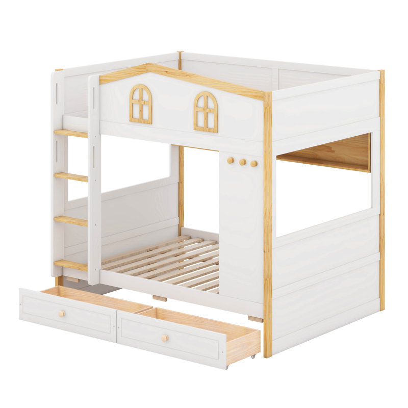 Lit superposé avec garde-corps en forme de maison et tablettes et tiroirs de rangement, Lit superposé double sur double