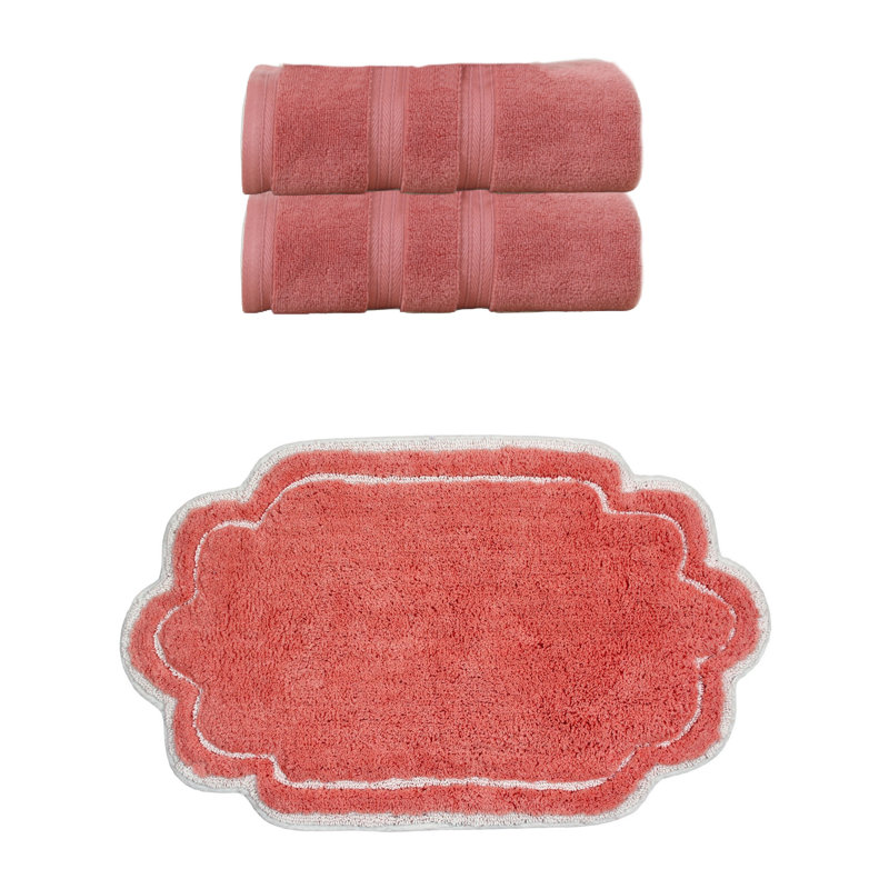 Ensemble de serviettes de bain et tapis de bain 100% coton Talbert Collection, Ensemble 3 serviettes de bain, Corail