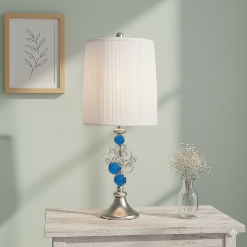 Lampe de table 28 "en polyrésine haute" Just Dazzle "avec finition argentée et abat-jour blanc
