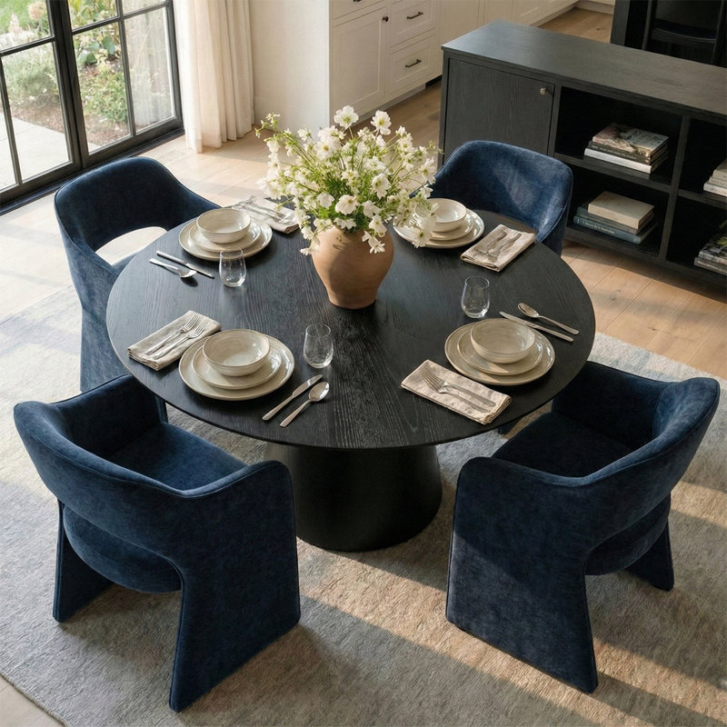 4 - Person Dining Table Sets With Round Table & 4 Upholstered Chenille Chairs, Blue, Black