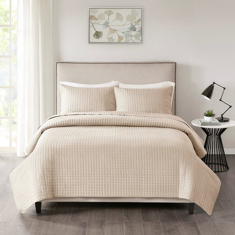 Courtepointe kaki 3 pièces très grand / très grand - rembourrée, motif à carreaux carrés, 2 taies décoratives assorties, rembourrage réversible facile d'entretien, nettoyage simple