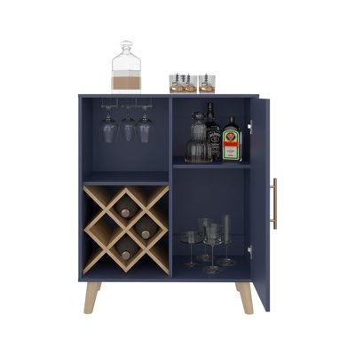 Bar Cabinet 38.6" H, 1 Door, 1 Drawer, 4 Shelves, Alby Blue / Natural Oak - Living Room