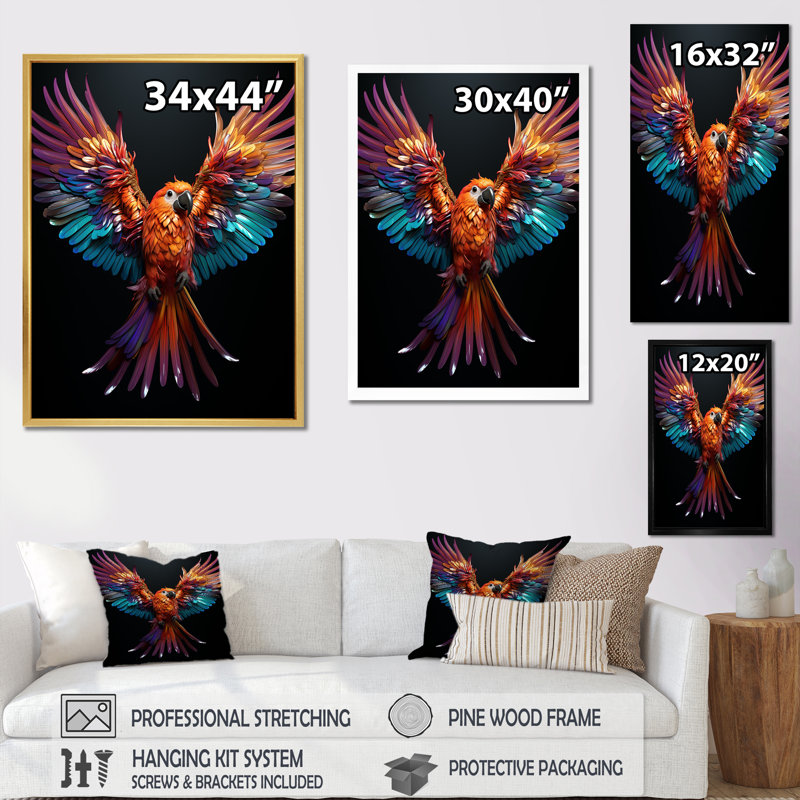«Parrots Whimsical Wings I», reproduction sur toile, H 32 po x l 16 po x P 1 po, Cadre photo doré simple