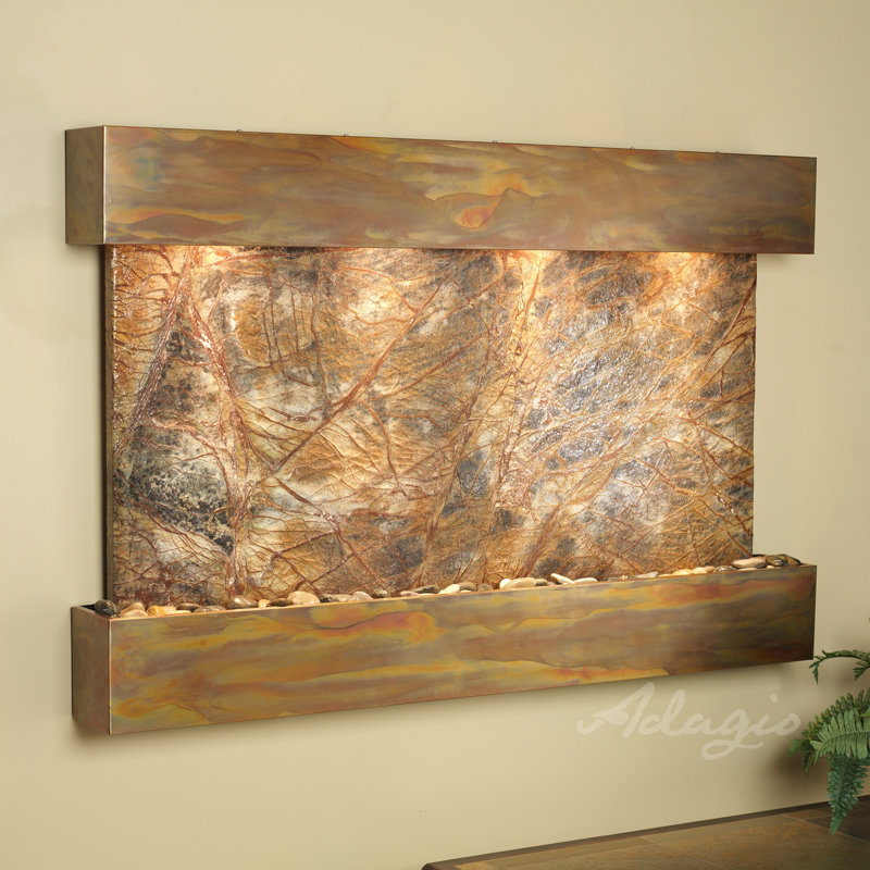Sunrise Springs Natural Stone/Metal Wall Fountain with Light, Rainforest Brown Marble, Rustic Copper