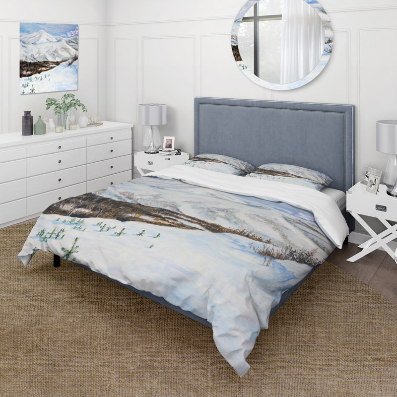 Paysage d'hiver avec montagnes enneigées - ensemble de housse de couette traditionnel - microfibre de polyester