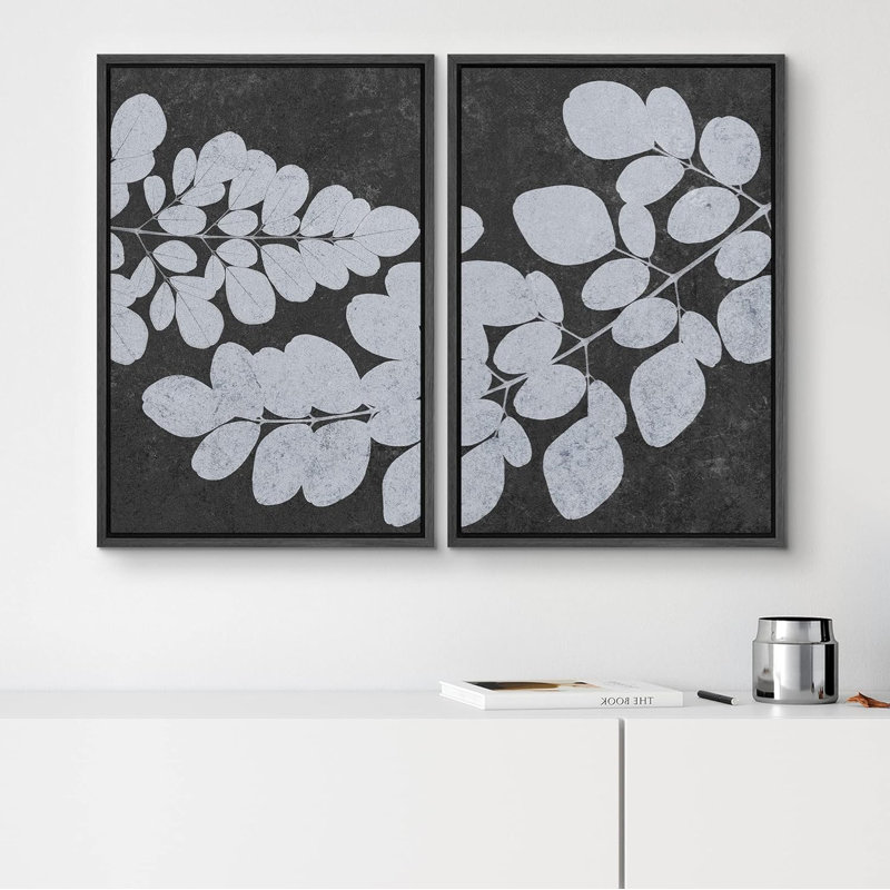 Grayscale Forest Tree Leaf Silhouette - Ensemble de 2 reproductions sur toile flottantes, Noir, H 24 po x l 16 po