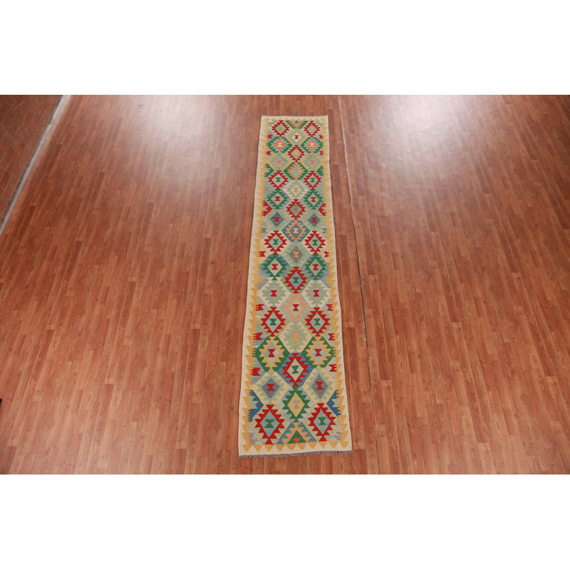 Tapis de couloir oriental géométrique en laine Kilim 3 x 13