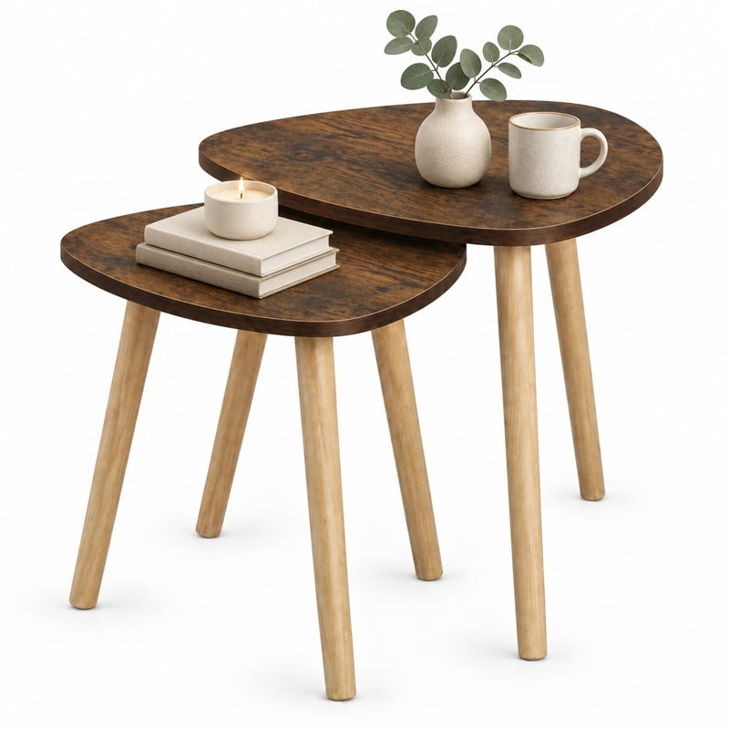 Nest of 2 Teardrop Side Tables w/ Solid Wooden Legs Space Saving Design, Rustic Brown