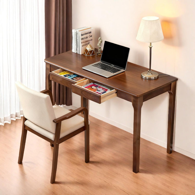 Bureau en bois massif avec tiroirs, bureau debout, bords lisses, bureau à domicile, bureau moderne Mid-Century, Brun