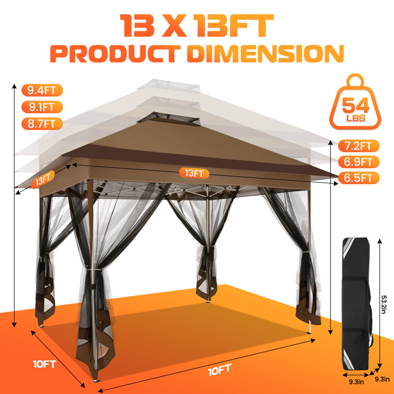 13x13 FT Instant Pop-Up Gazebo Outdoor Canopy Tent, Screened Patio Shelter with Portable Carry Bag, Brown
