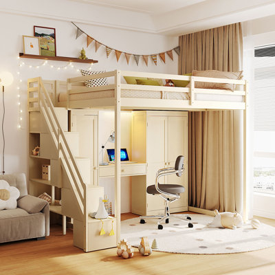Full Size Loft Bed with Storage Staircase, Built-In Dressing Table, Wardrobe, and LED Lights for Small Rooms