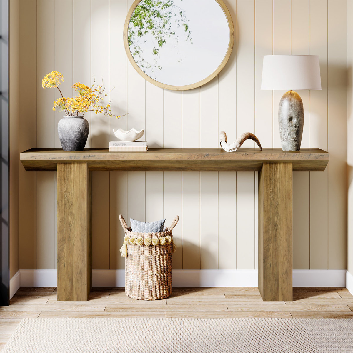 Ebern Designs 63-inch Long Console Table, Farmhouse Wooden Narrow Sofa ...