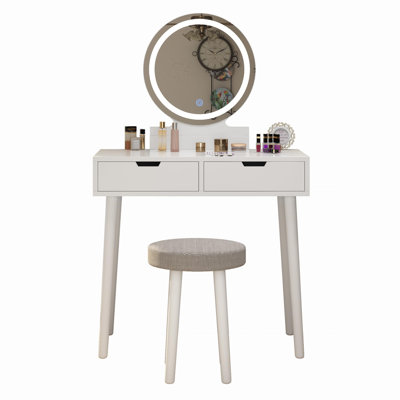 Compact Vanity Desk With Lighted Mirror And Stool White Makeup Table For Girls And Women