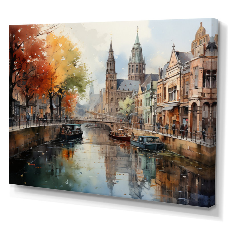 Paysage urbain de Beige Canal Urban Reflections - impression, H 30 po x l 40 po x P 1,5 po, Toile tendue