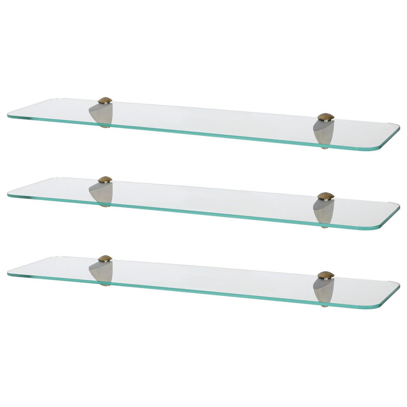 Harbour Housewares - Rounded Floating Glass Shelves with Metallic Brackets - Set of 3, 13 H x 60 W x 0.5 D cm, Gold