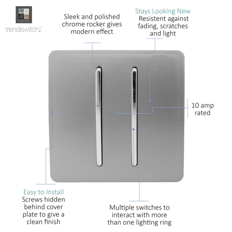 Trendi Switch 2 Gang 1 or 2 way Rocker Light Switch, Light Grey