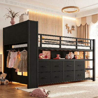 Lit mezzanine simple, lit mezzanine bas avec tiroirs et étagères de rangement, lit mezzanine bas pour enfant avec lumières DEL, port USB et tringle à vêtements, cadre de lit en métal pour chambre d'enfant et d'adolescent