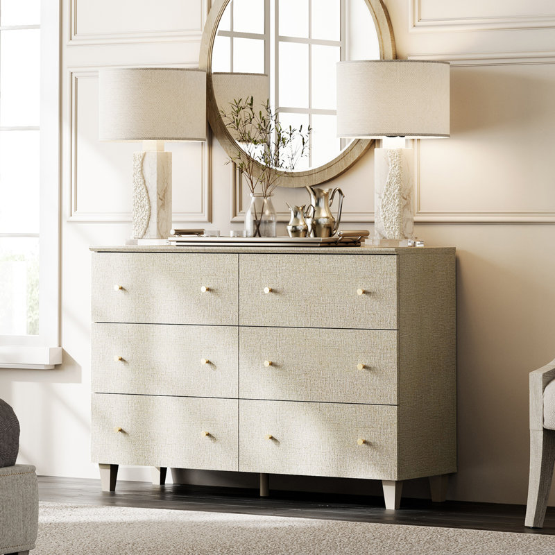 Commode de chambre avec 6 tiroirs Lysiane, commode en bois, Beige gris