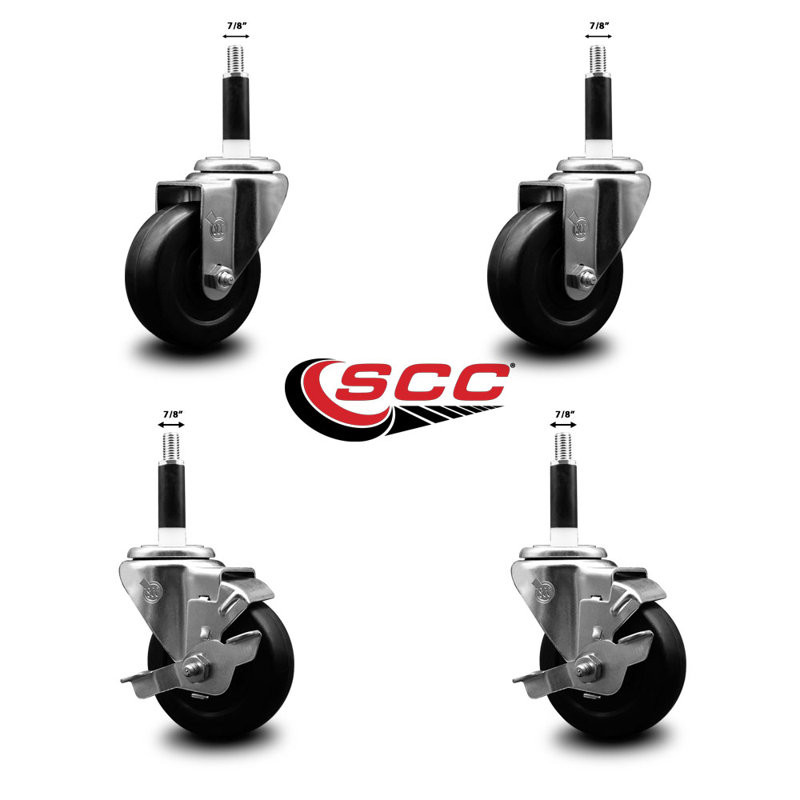 Soft Rubber Wheel Swivel Expanding Stem Caster Set 2 Brakes SCC TLB 3.5" x 7/8"