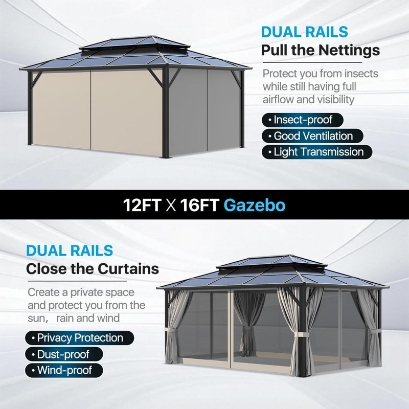 16 pi L 12 pi. D Pavillon de jardin avec auvent double, pavillon permanent avec filet et rideaux pour la pelouse, le jardin, le patio