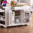 Fluted Kitchen Island with Trash Can Storage Cabinet, Power Outlet, Internal Storage Rack, Rolling Kitchen Islands on 5 Wheels with 3 Drawer, 3 Open Side Racks for 10 Gallon Garbage Bin, White-1543294455